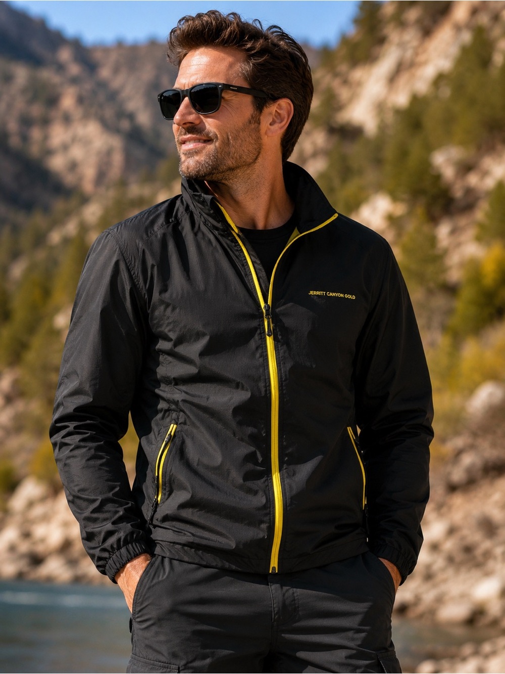 Men's Black Jacket with Yellow Trim - Lightweight Windbreaker